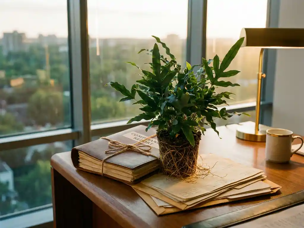 Healthy green plant growing from a compliance report on a sunlit desk, roots threading through stacked business documents, city skyline visible through window.