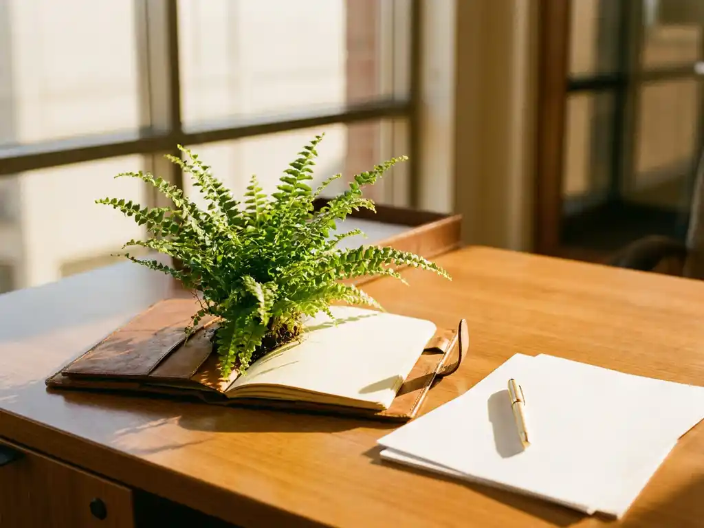 Green plant growing from an open leather-bound report on a sunlit executive desk, symbolizing sustainable business growth.