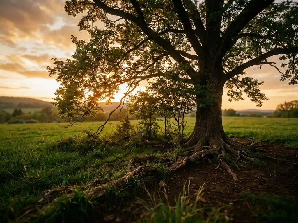 Tall oak tree with exposed roots standing in a sunlit green meadow, smaller trees thriving in its shade during golden hour.