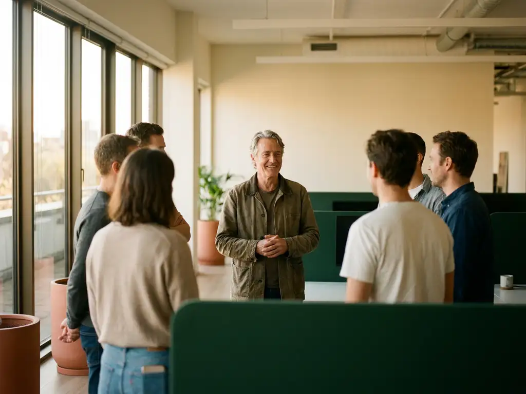 Senior employee leading a calm team discussion in a sunlit open-plan office with warm terracotta and forest green tones.