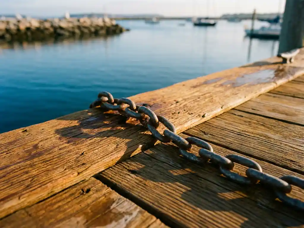 Weathered anchor chain with interlocking steel links on a sunlit oak dock, calm harbor water visible in the background.