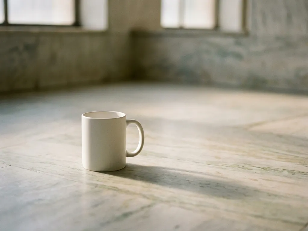 White ceramic mug on a marble surface with soft natural light casting a long shadow, surrounded by empty negative space.