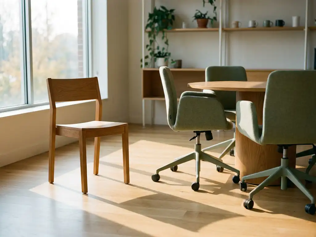 Lone wooden chair separated from a cluster of office chairs around a meeting table in a Scandinavian workspace with warm morning light.