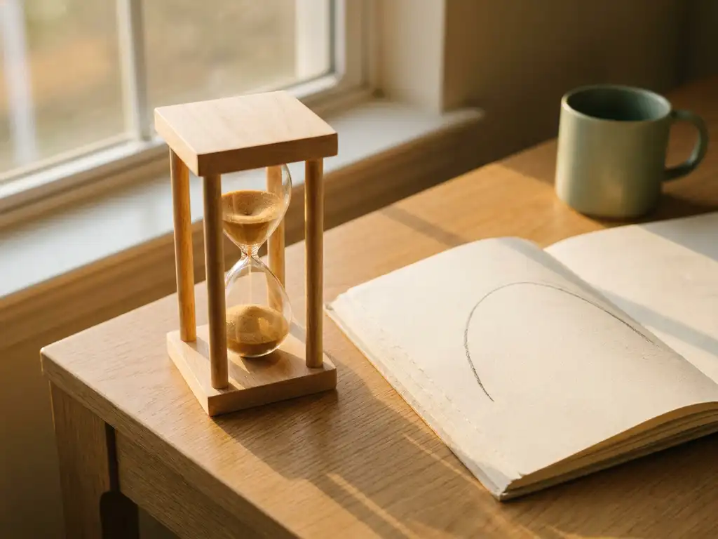 Wooden hourglass beside an open journal on an oak desk, bathed in warm morning light with soft sage and amber tones.
