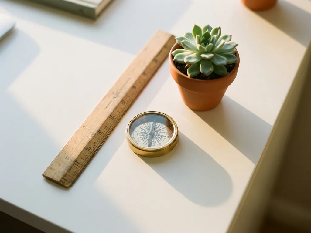 Weathered wooden ruler and polished compass on a white desk beside a small green plant in warm morning light.