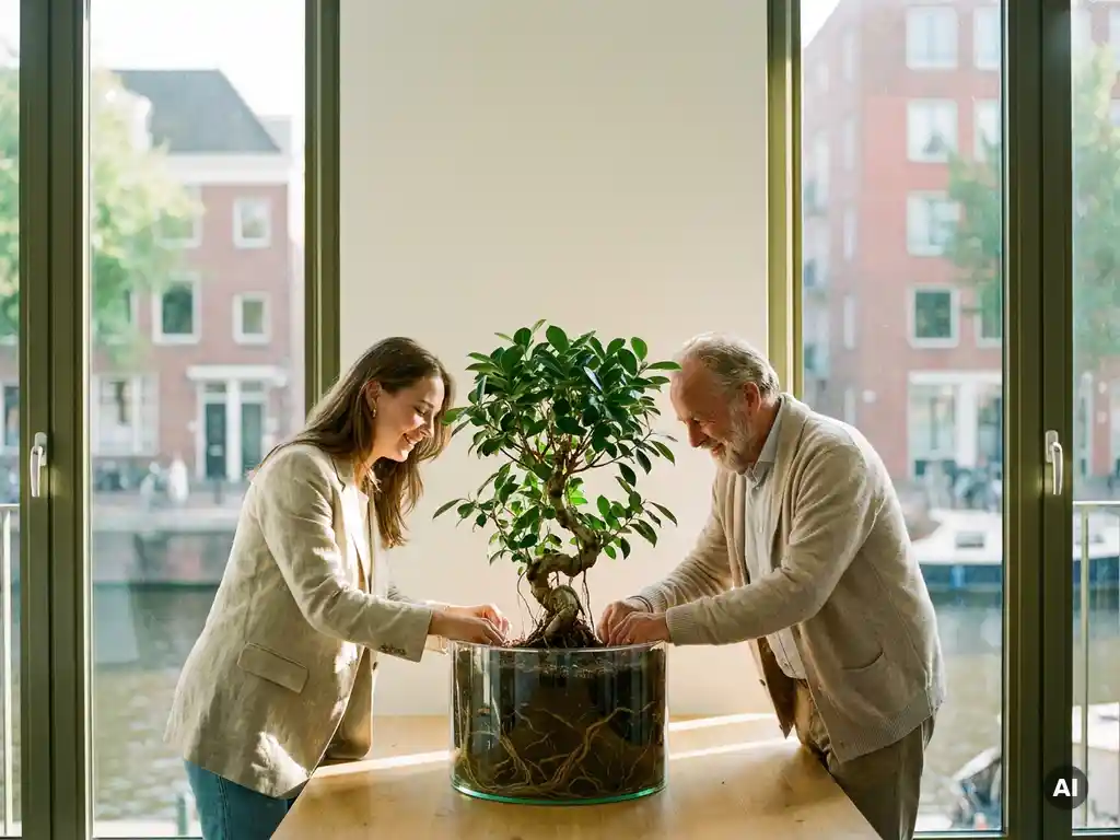Young professional and senior mentor examining a potted tree with visible roots in a glass base inside a sunlit Amsterdam office.