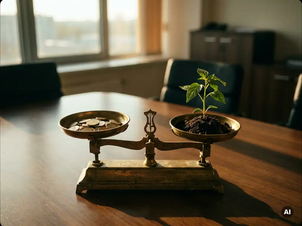 Weathered brass scale balancing euro coins against a green seedling in dark soil, symbolizing sustainable finance, warm golden boardroom light.