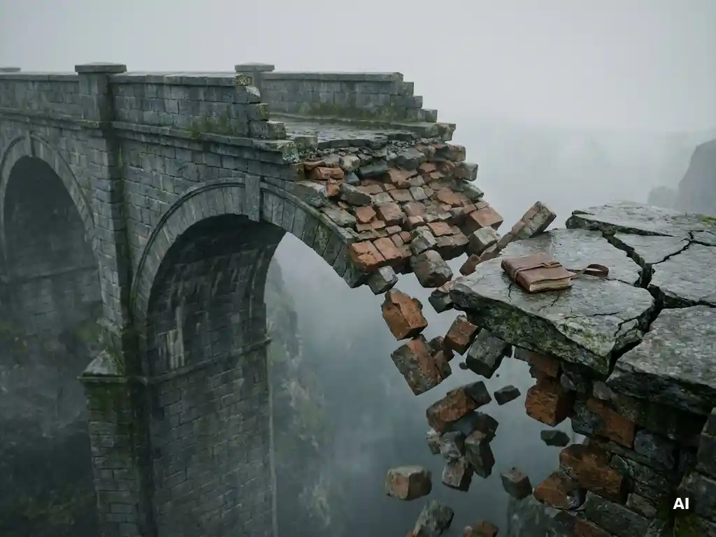 Cracked stone bridge over a misty ravine, half-built and half-collapsed in rubble, with a leather-bound strategy document at the fracture point.