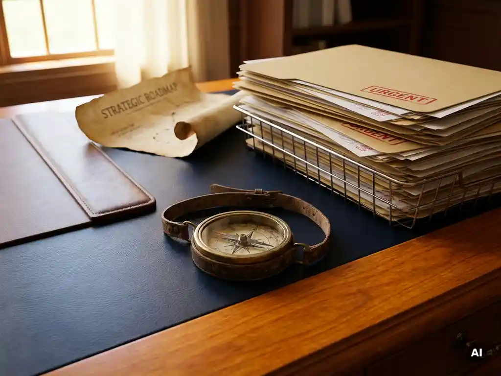 Weathered compass on an executive desk beside an overflowing inbox, needle pointing toward an untouched strategic roadmap in warm amber and navy light.