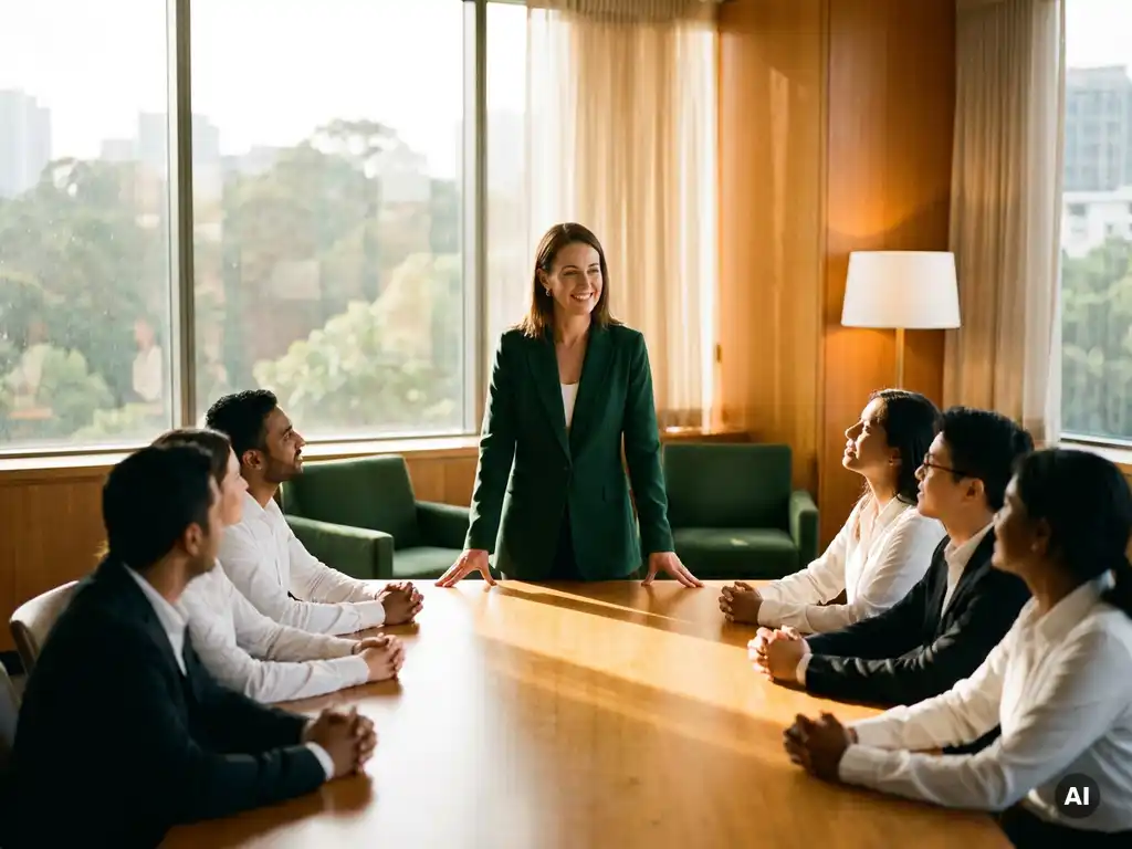 Female leader at sunlit boardroom table with engaged team, warm golden light and green cityscape visible through large windows.