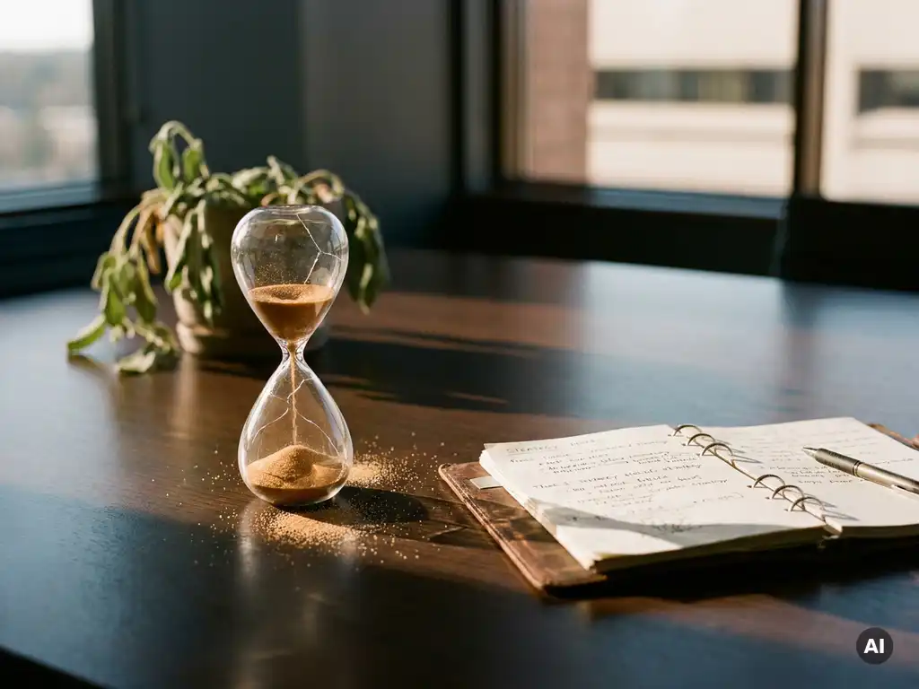Cracked hourglass leaking sand onto a boardroom table beside an open strategy notebook, with a wilting plant in soft background focus.