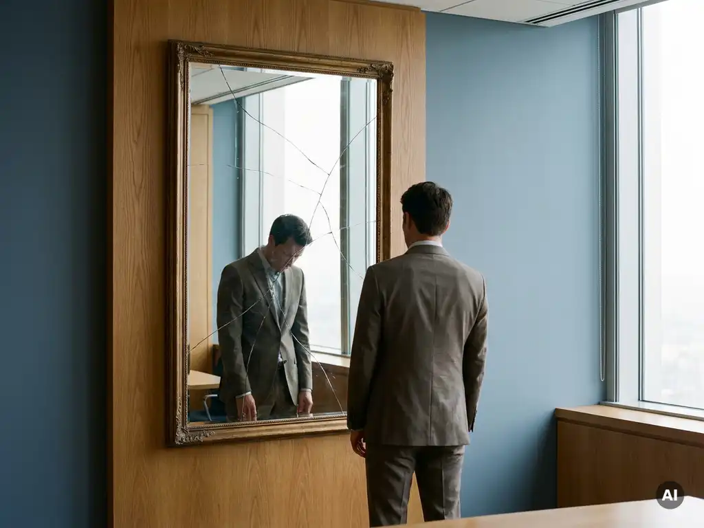 Cracked office mirror reflecting a leader's composed posture as slumped, uncertain body language, warm oak tones, soft window light.