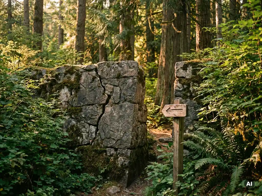 Cracked stone wall blocking a sunlit forest path, with a wooden signpost pointing forward through golden-hour light and dense green undergrowth.