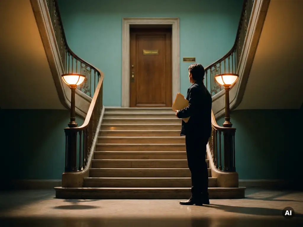 Employee clutching a folder at the base of a corporate staircase, gazing up toward a closed executive office door with visible tension.