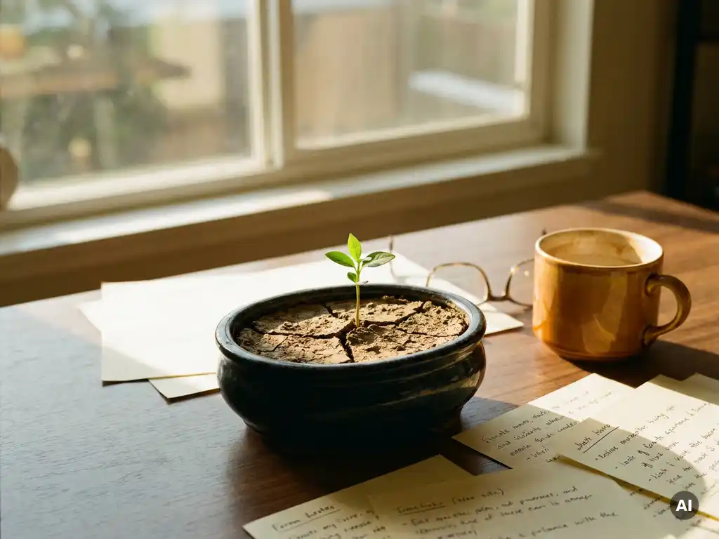 Green seedling sprouting through cracked dry earth on an office desk beside handwritten notes and a coffee mug, bathed in warm morning sunlight.