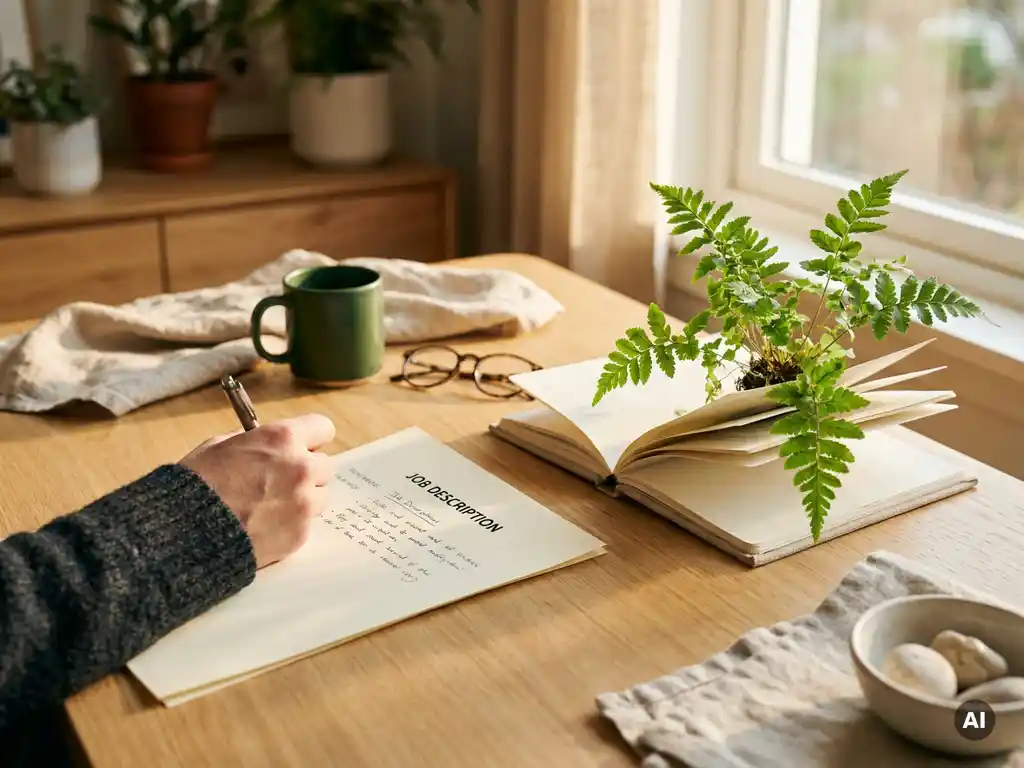 Hiring manager writing a job description on a clean desk beside a small green plant in warm golden-hour light.