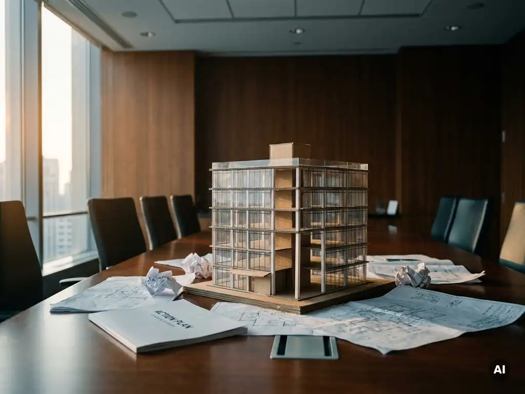 Half-built architectural model on a boardroom table surrounded by scattered blueprints, one column missing, soft natural light from office window.