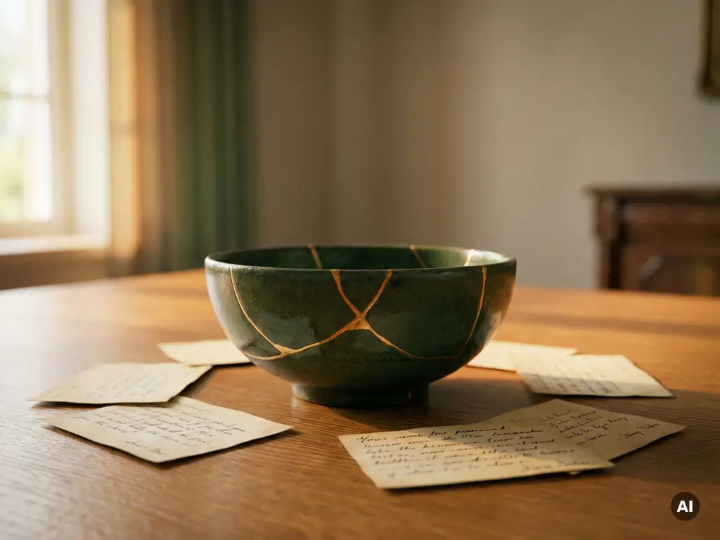 Kintsugi-repaired ceramic bowl with gold seams on an oak table surrounded by handwritten feedback notes in warm amber light.