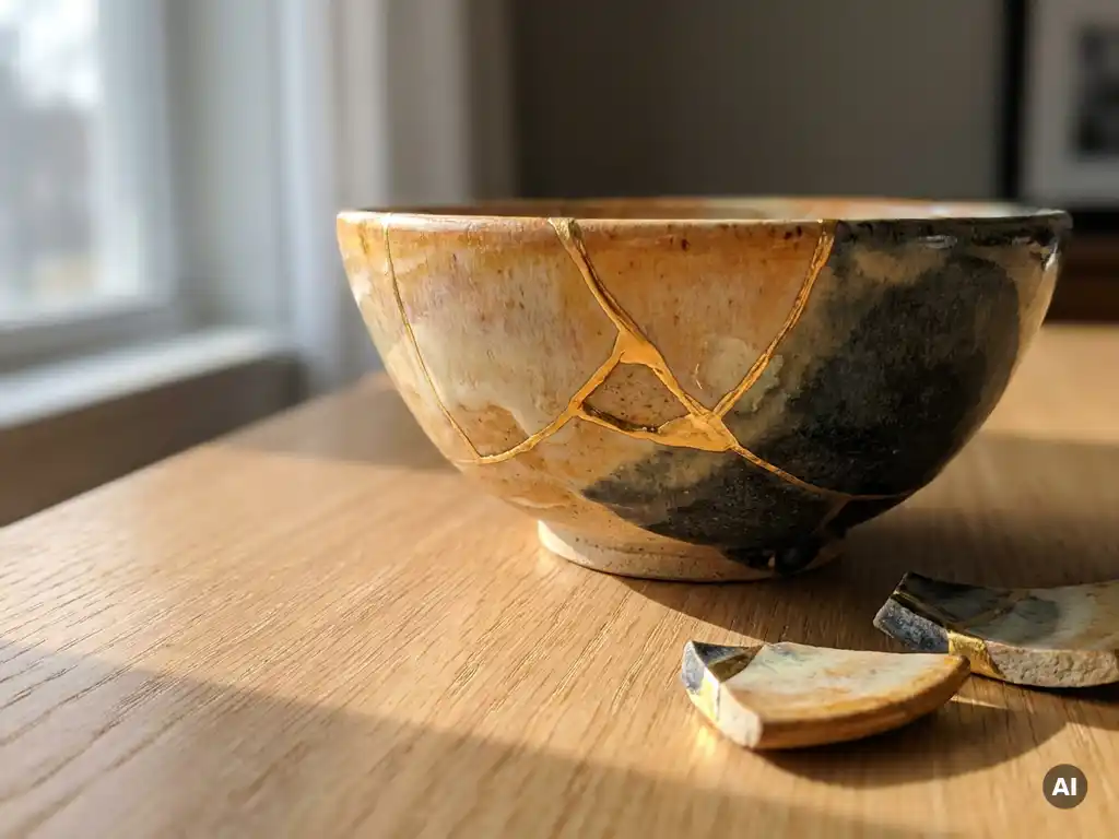 Kintsugi-repaired ceramic bowl with golden lacquer seams on a white oak table, bathed in soft natural side light.