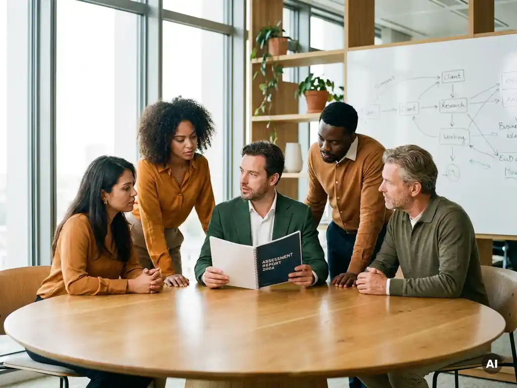 Diverse leadership team reviewing an assessment report around a circular oak table in a modern Amsterdam office with natural light.