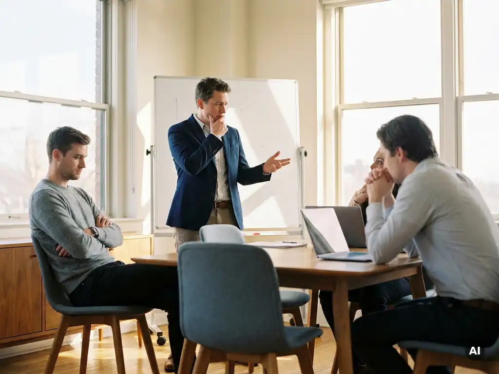 Manager pausing mid-conversation in a sunlit meeting room as one team member sits with arms crossed while others lean forward attentively.
