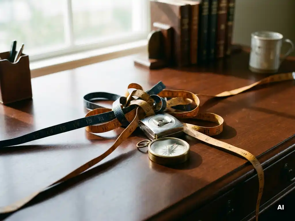 Tangled measuring tapes pulling in opposite directions on an executive desk, with a compass at the center, navy and amber tones.