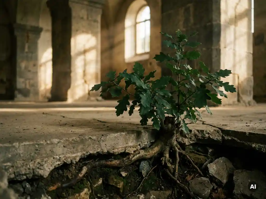 Oak sapling pushing through cracked concrete boardroom floor, roots anchored in dark soil below, framed by stone pillars in morning light.