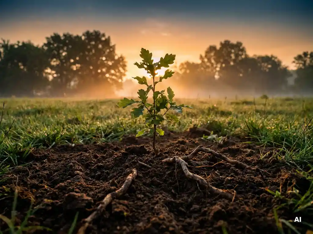 Young oak sapling rooted in dark rich soil, bathed in golden sunrise light with morning mist and a shallow depth of field.