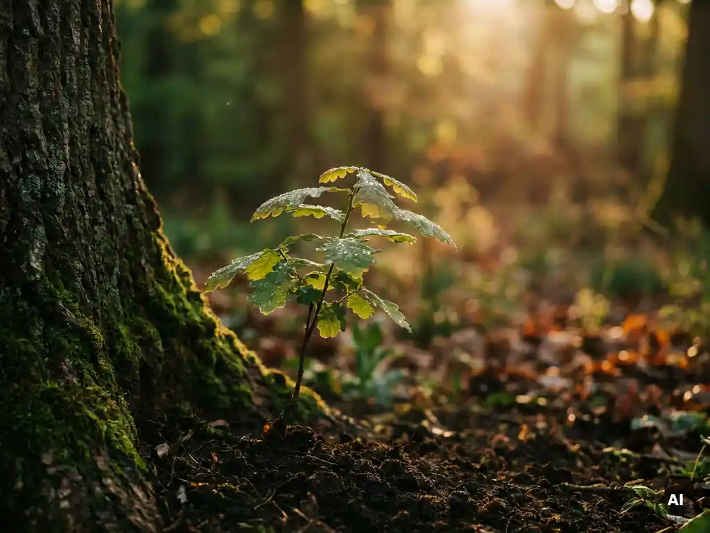 Young oak sapling sprouting from dark soil beside a mature oak tree, morning dew on leaves glowing in warm golden light.