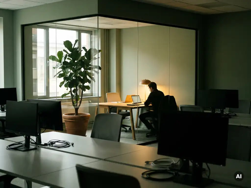 Green plant thriving in a dim office corner beside one illuminated desk amid empty workstations, warm amber light against cool grey tones.