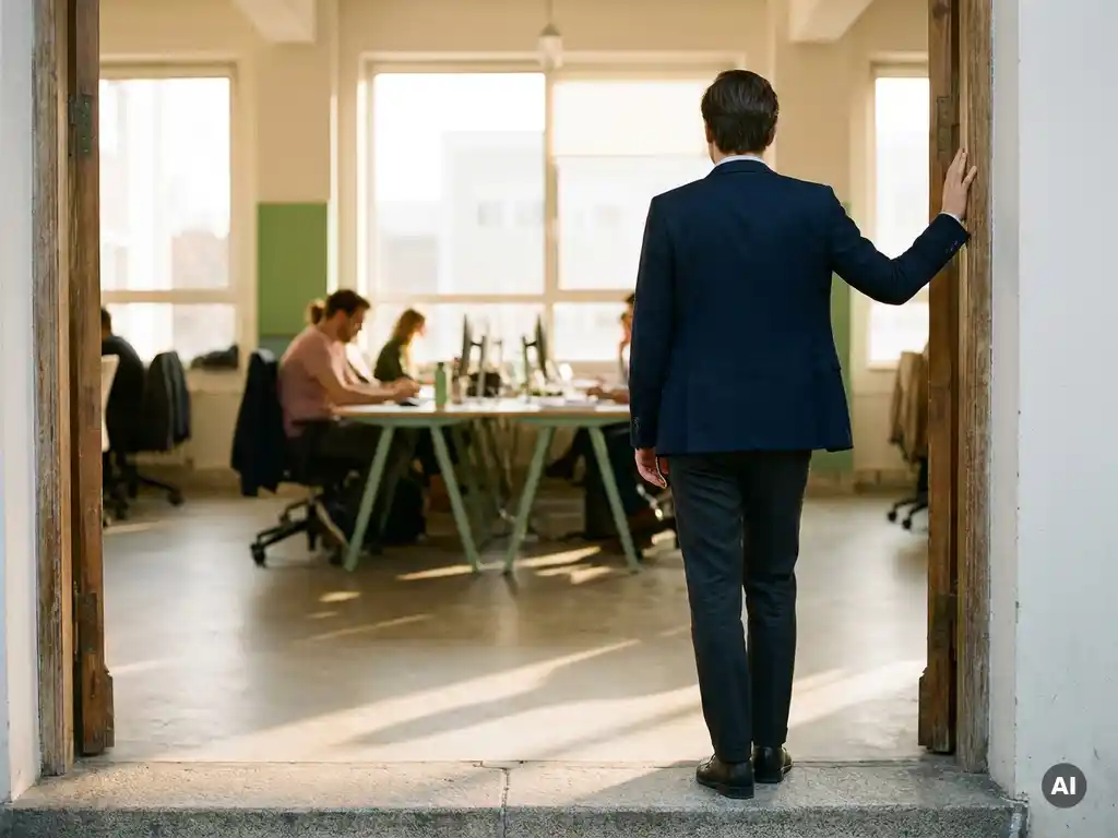 Professional in a blazer pausing at a sunlit office doorway, hand on the frame, collaborative workspace visible beyond.