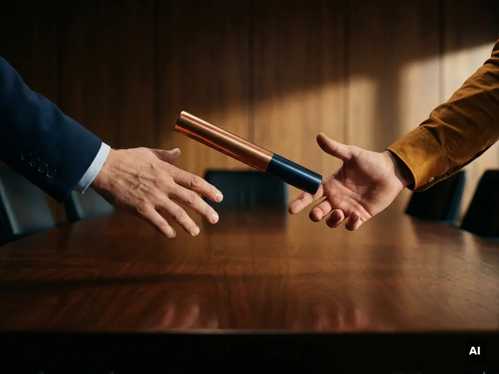 Relay baton hovering between two outstretched hands above a boardroom table, capturing a tense leadership handover moment.