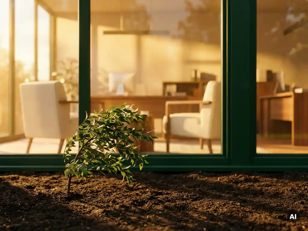 Green sapling bending in strong wind but firmly rooted in dark soil, sunlit office visible through window behind it.