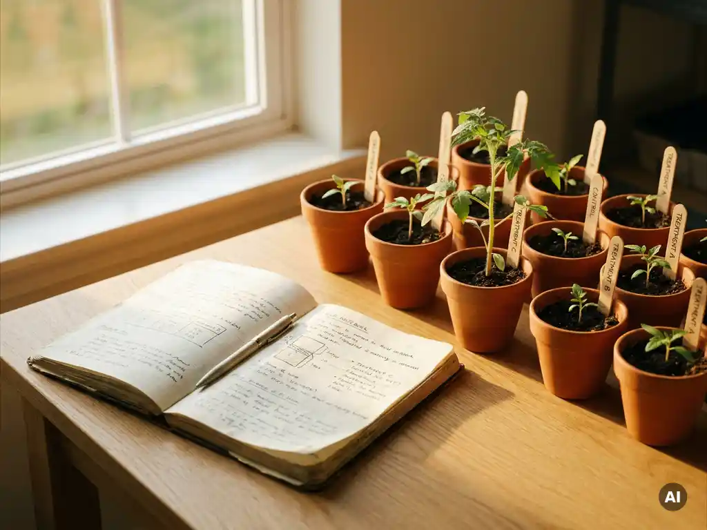 Open scientist's notebook beside labeled terracotta seedling pots on an oak desk, one thriving plant taller than the rest in warm morning light.