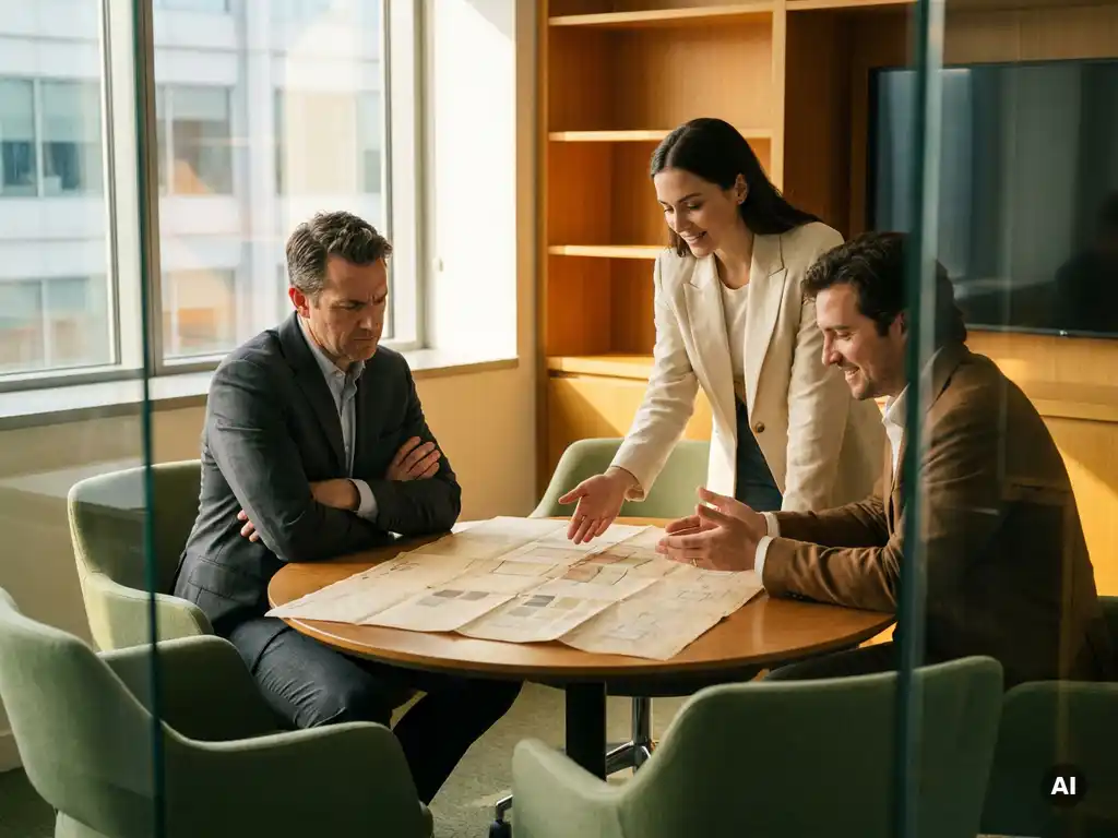 Skeptical executive in tailored suit at round table as colleagues lean in with calm expressions over a shared strategic roadmap, warm office light.