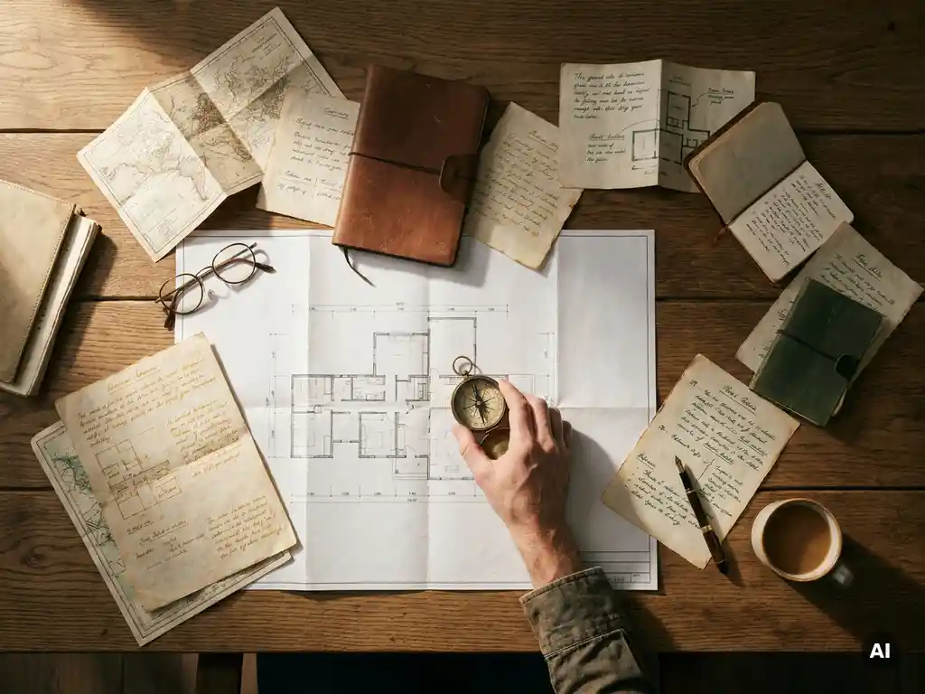 Compass pointing to architectural blueprint on wooden boardroom table with organized strategy documents in warm morning light.