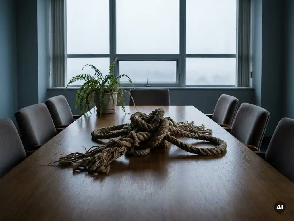 Frayed ropes tangled around an unresolved central knot on a boardroom table, empty chairs and wilting plant reflecting stalled negotiations.