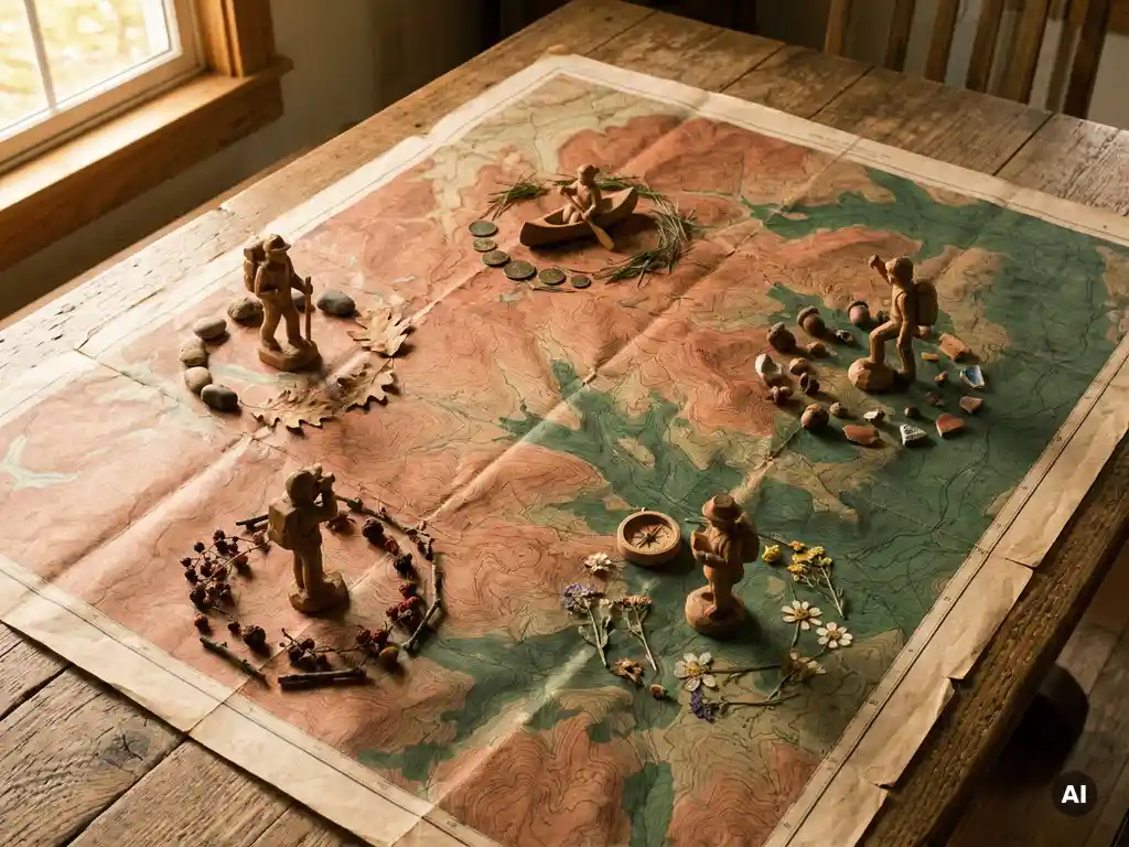 Topographic map on a conference table with five wooden figurines at different landmarks, each surrounded by stones, leaves, and coins in warm afternoon light.