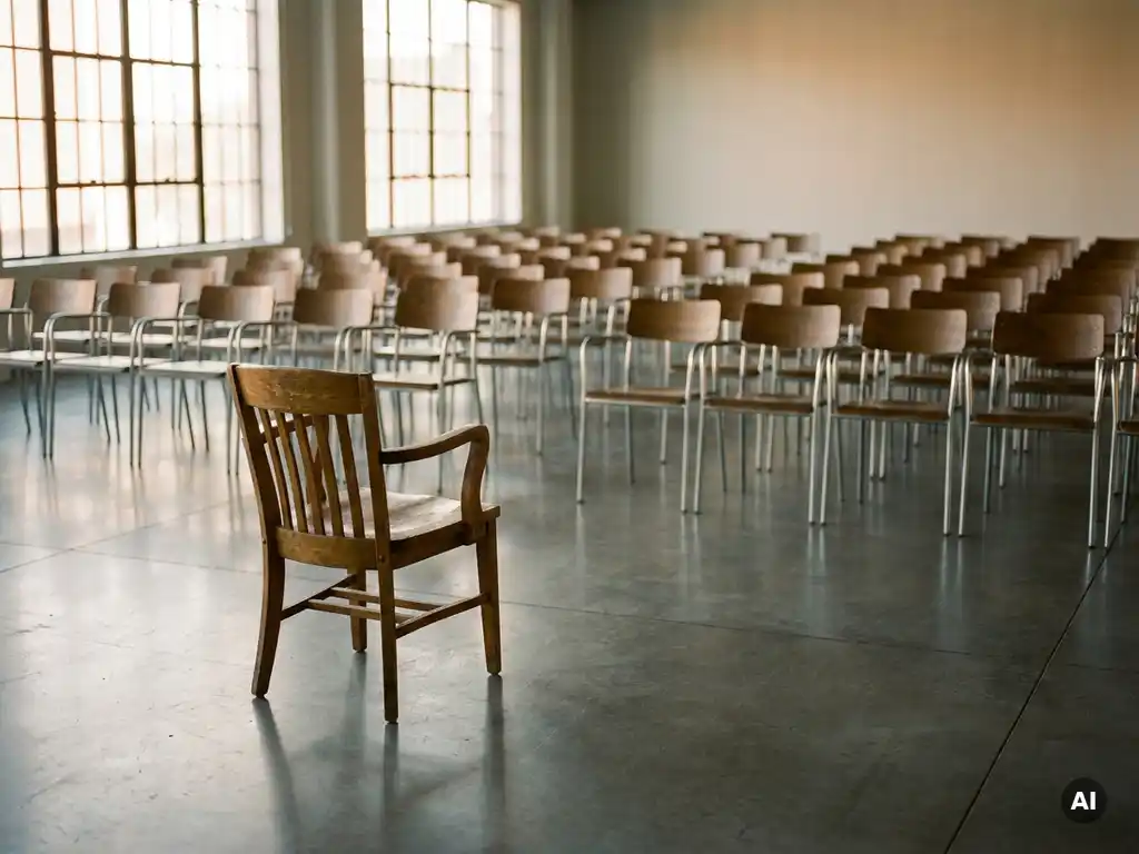 Lone wooden chair facing away from rows of empty chairs in a sunlit minimalist conference room, suggesting quiet resistance.