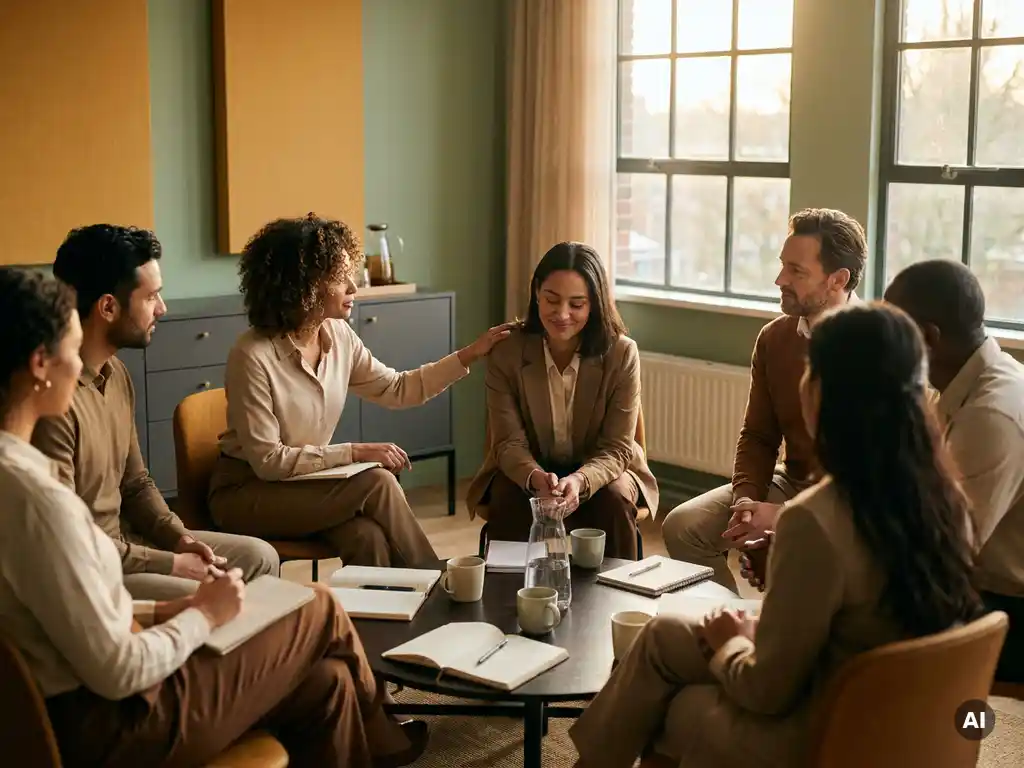 Diverse professionals in a warm meeting room, one colleague offering a reassuring hand on another's shoulder during a team discussion.